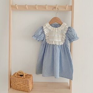 NWT Girl’s Gingham Lace Trim Short Sleeve Cotton Dress Size 4-5Y